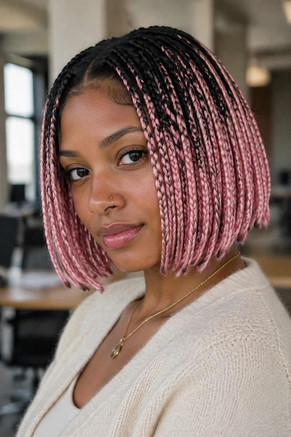 Close-up portrait of a woman with black roots and pink lengths in short box braids.