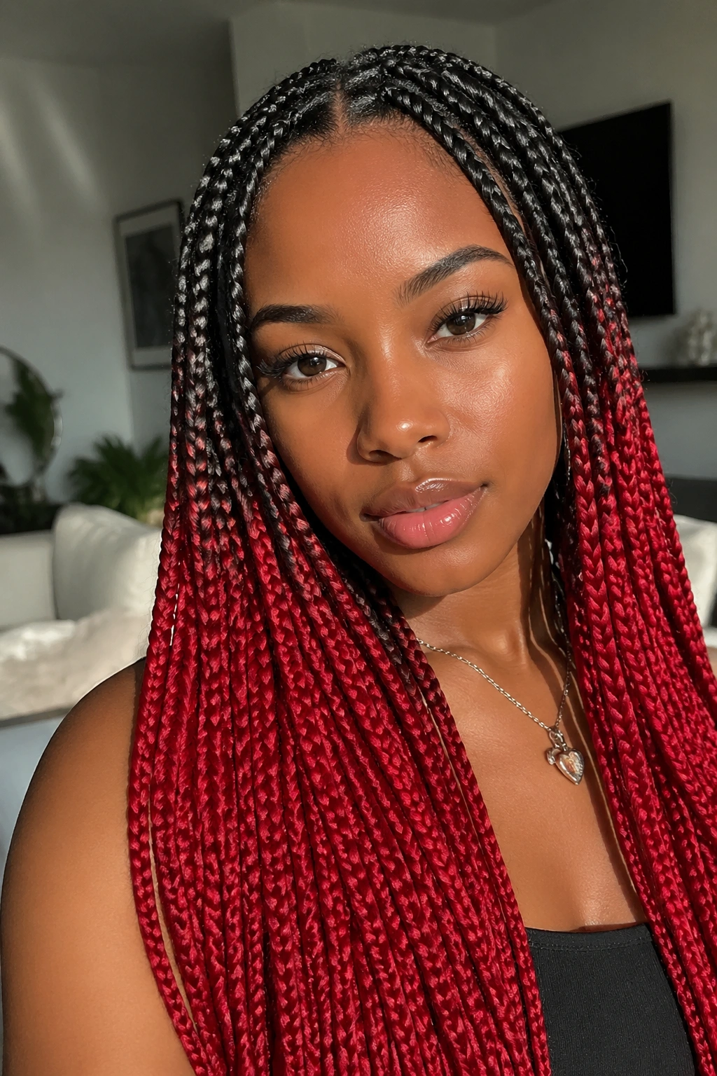 Close-up of a real woman with black-rooted braids that fade to scarlet at the ends