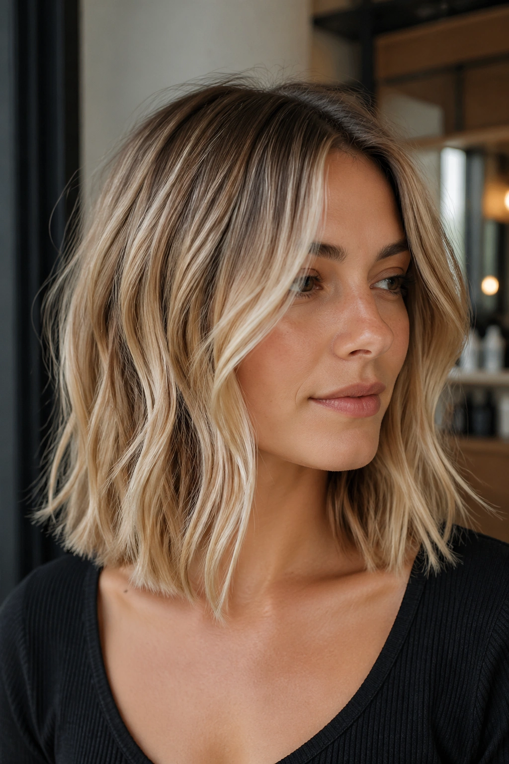 Close-up of real woman with blonde balayage on textured collarbone-length cut