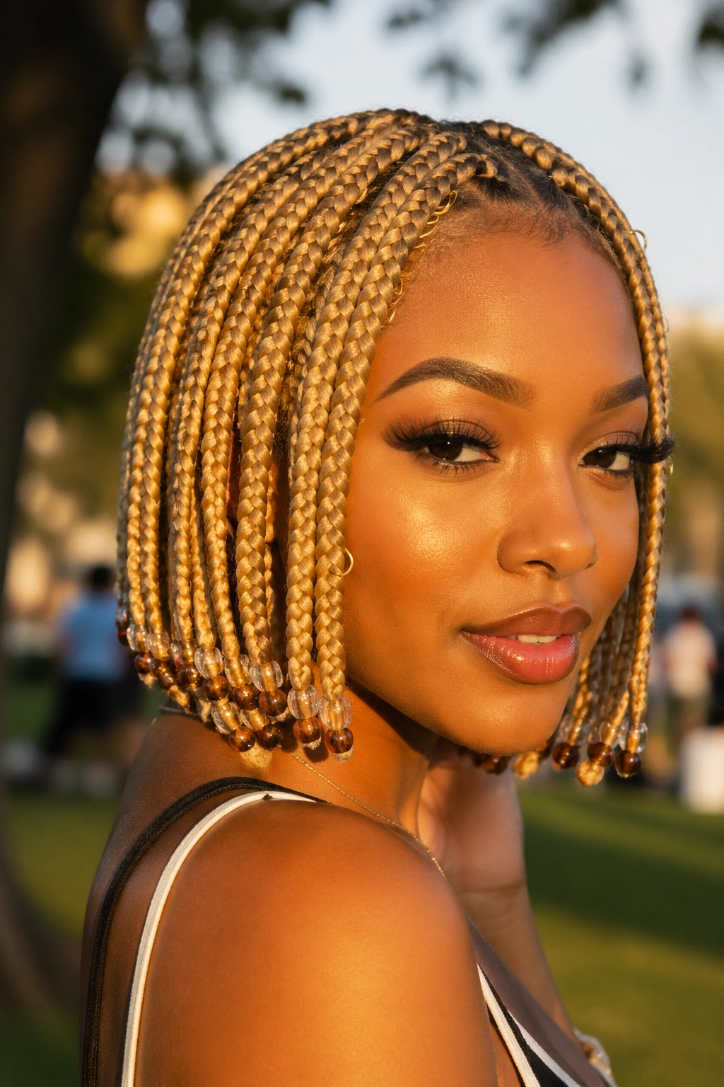 Close-up of real woman with blonde box braids featuring ring accents