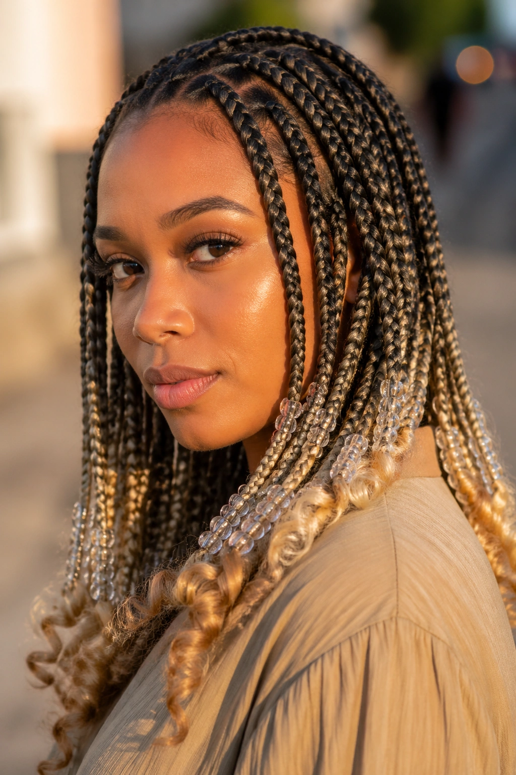 Close-up of blonde-tipped goddess box braids with transparent beads on a real person