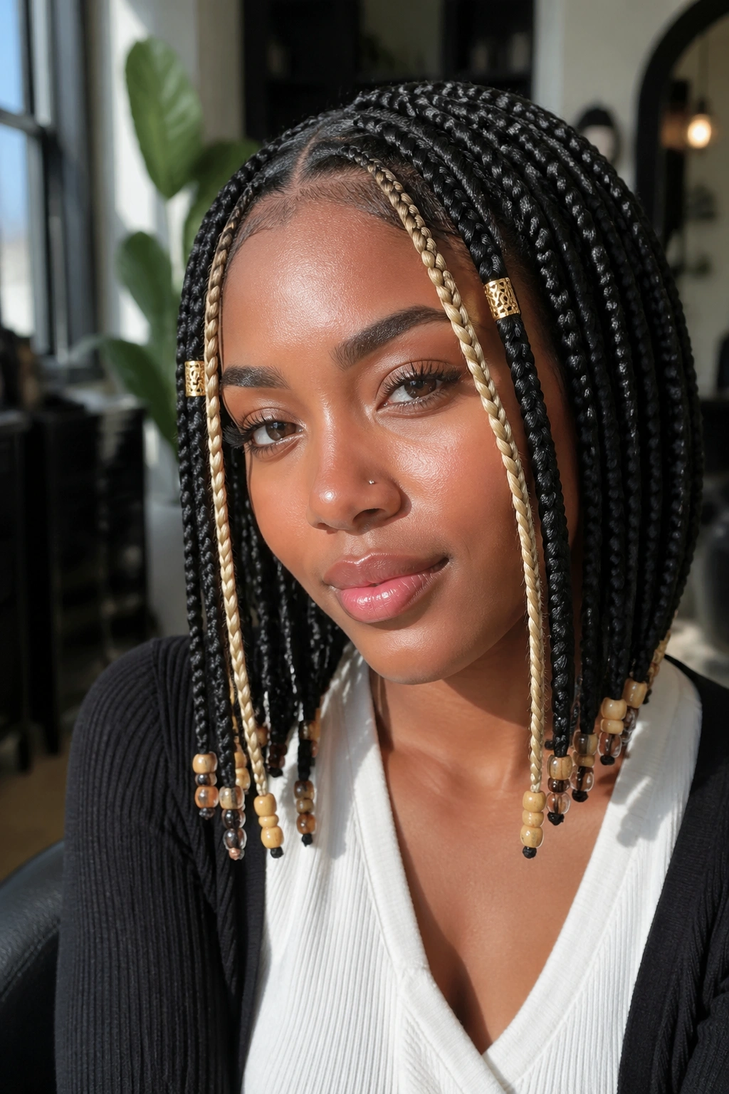 Close-up portrait of a real woman with blonde face-framing braids, gold cuffs and beads.