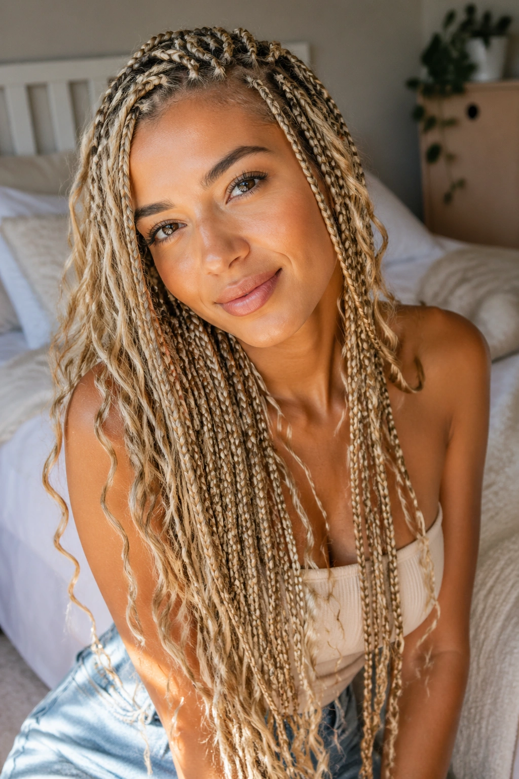 Close-up of real woman with blonde box braids featuring scattered boho curls along the lengths.