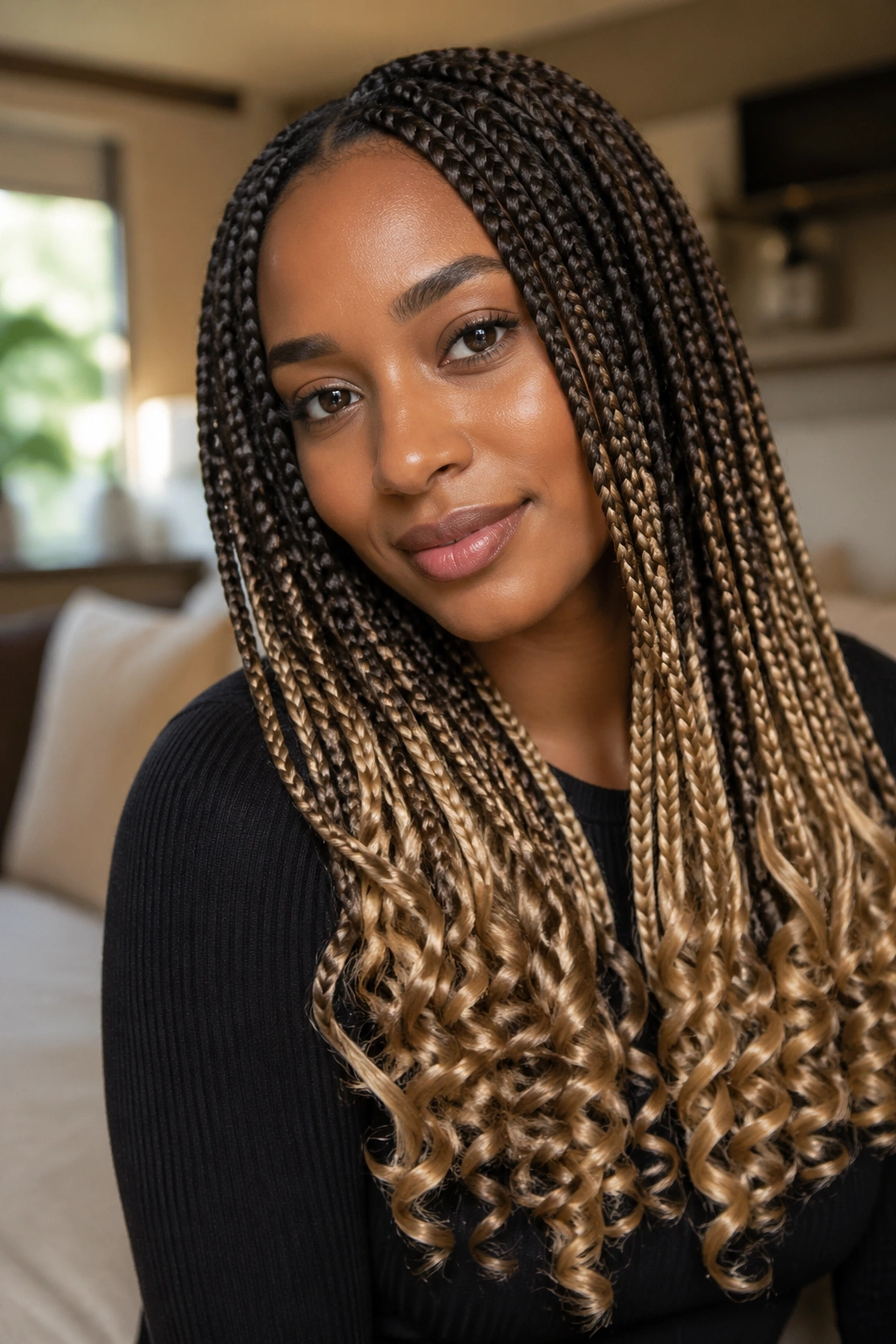 Close-up portrait of a real woman with blonde-tipped knotless braids ending in curls