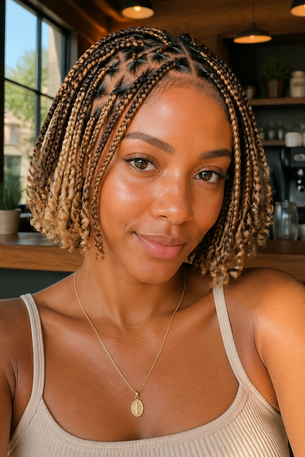 Close-up of a real woman with blonde and brown mixed short box braids and triangle parts.