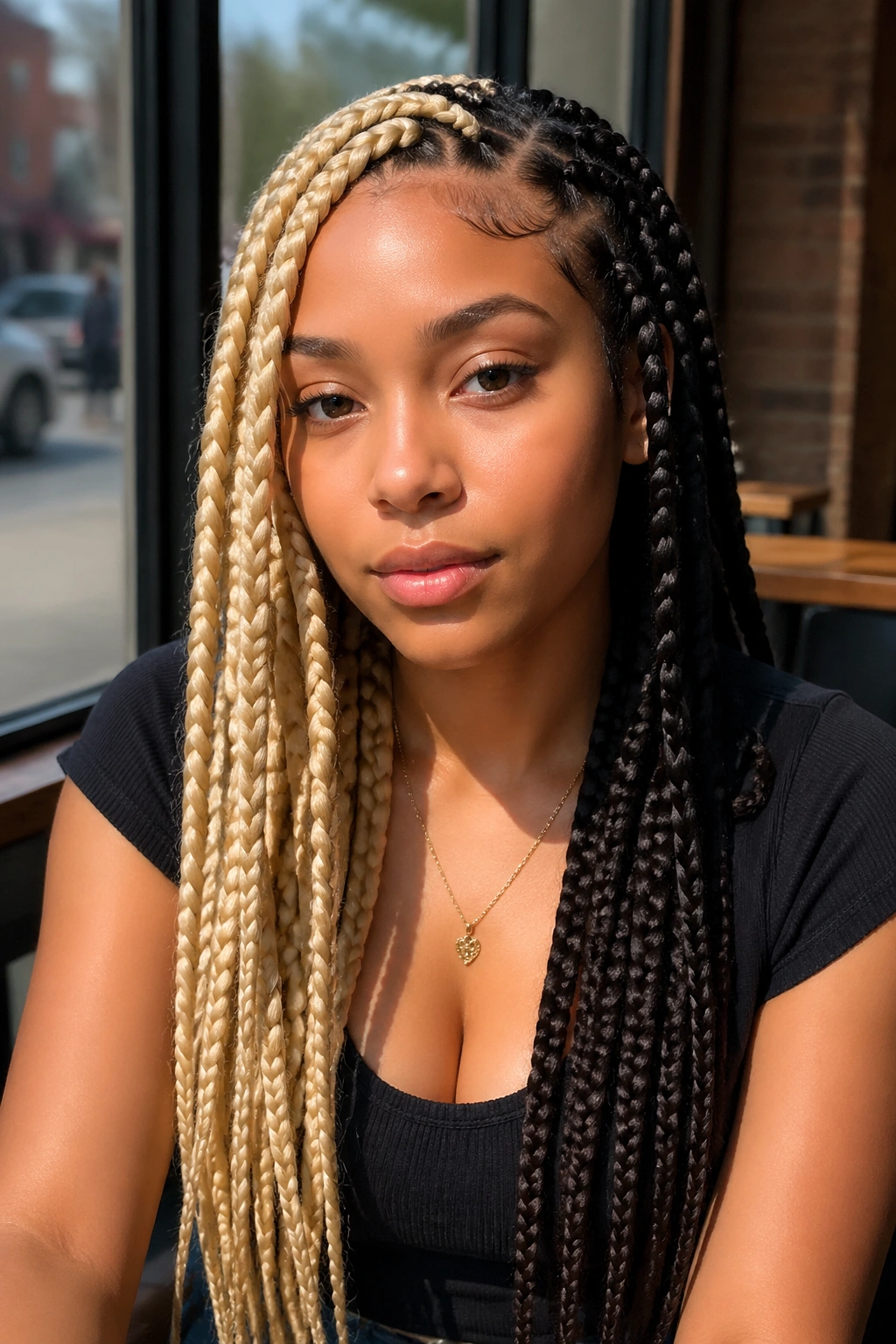 Close-up of blonde-front, dark-back jumbo braids framing the face.