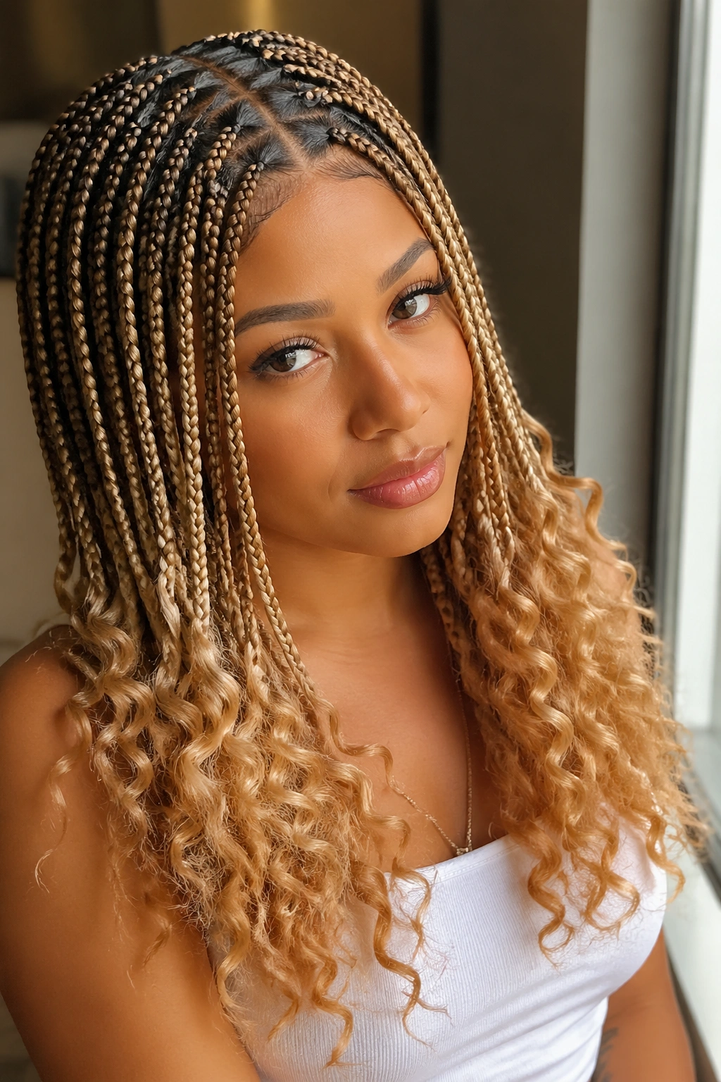 Close-up of blonde ombré triangle-part braids with honey curls at the ends on a real person