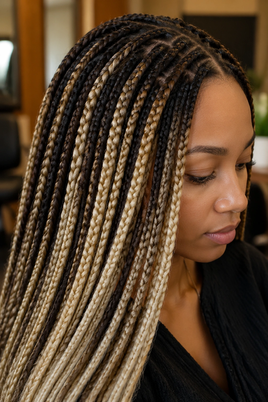 Close-up of hair showing gradient blonde shades against dark braiding hair in a salon.