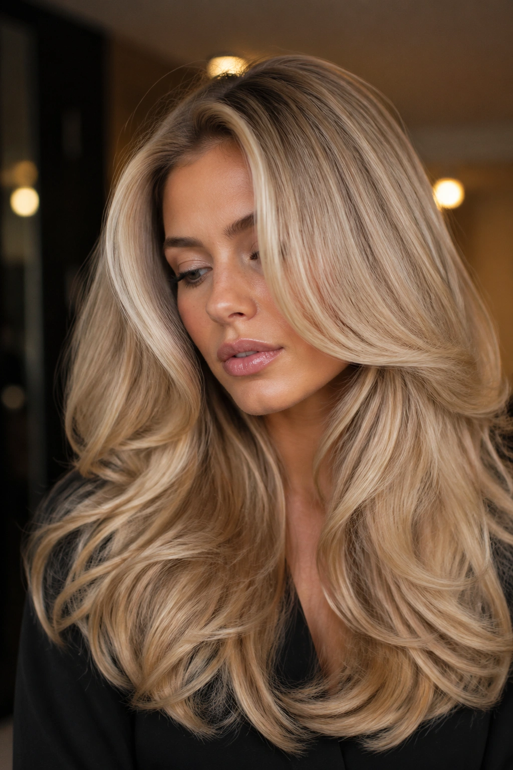 Real person with voluminous sand-blonde blowout, close-up portrait