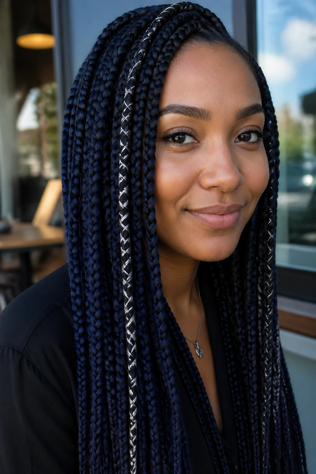 Close-up of blue-black braids with silver threads on a real person.