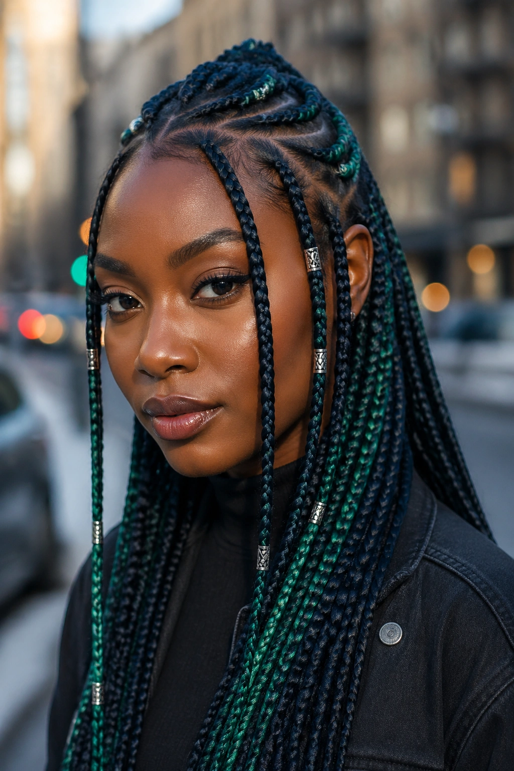 Close-up portrait of a real woman with blue-black Fulani braids and emerald green accents.