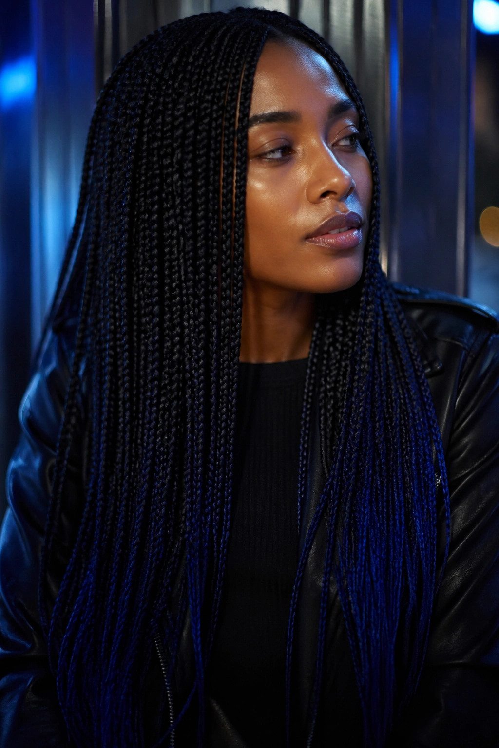 Close-up of blue-black to indigo ombre braids on a real person