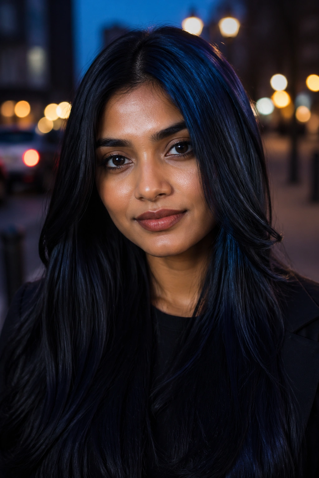 Close-up of a real woman with blue-black hair and blue sheen