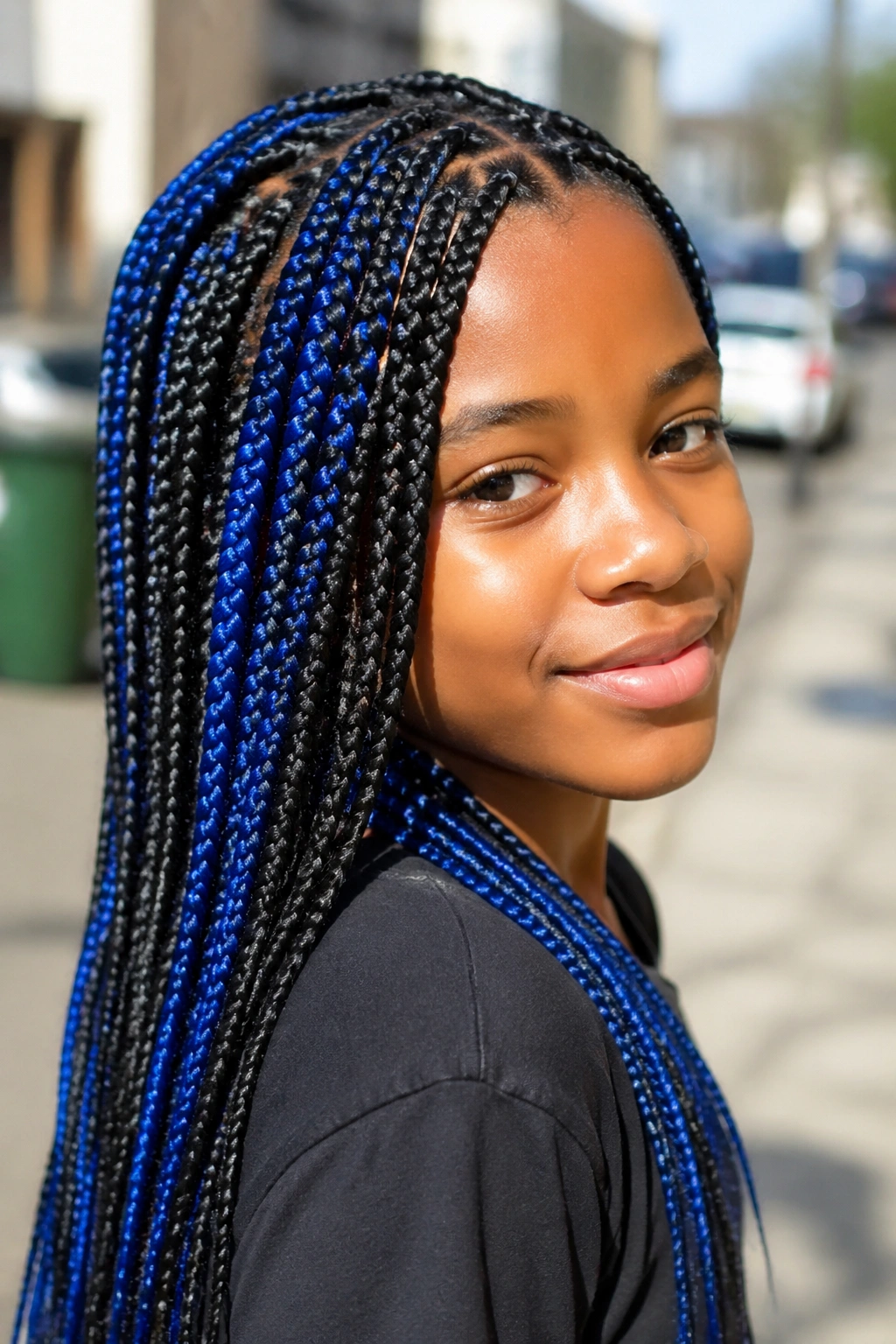 Child with blue and black two-tone box braids in outdoor daylight