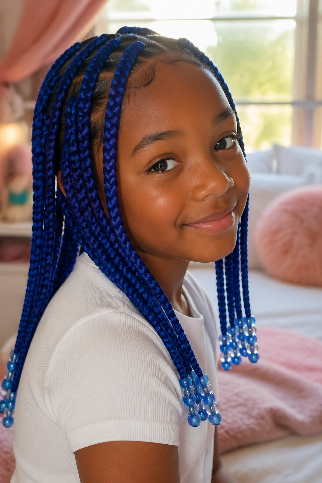 Close-up portrait of a child with cobalt blue box braids and smooth-end beads in a sunlit bedroom