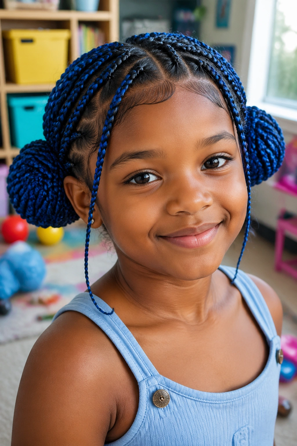 Child with two low space buns blue box braids in a colorful playroom
