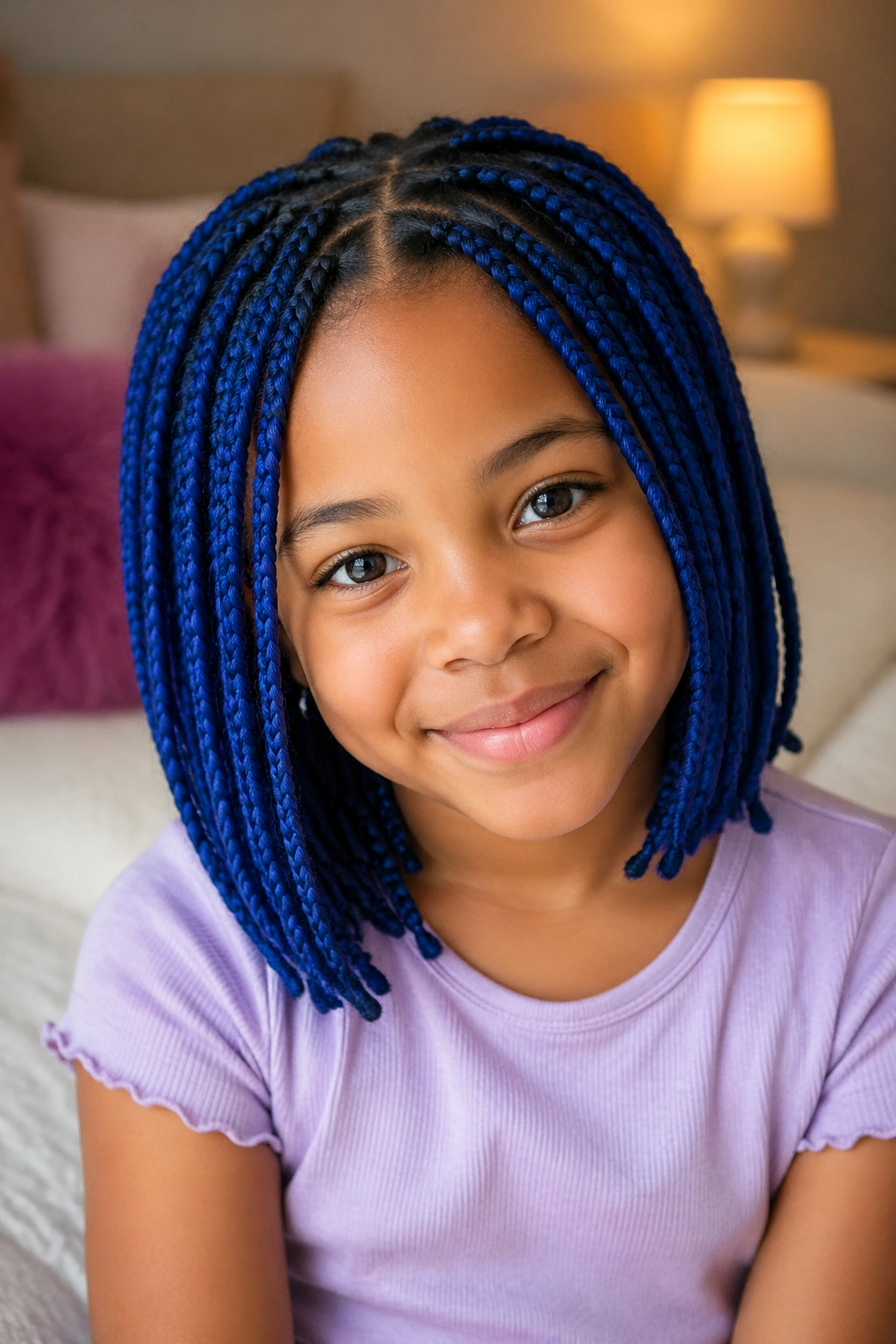 Close-up portrait of a child with cobalt blue box braids at collarbone length in a cozy bedroom