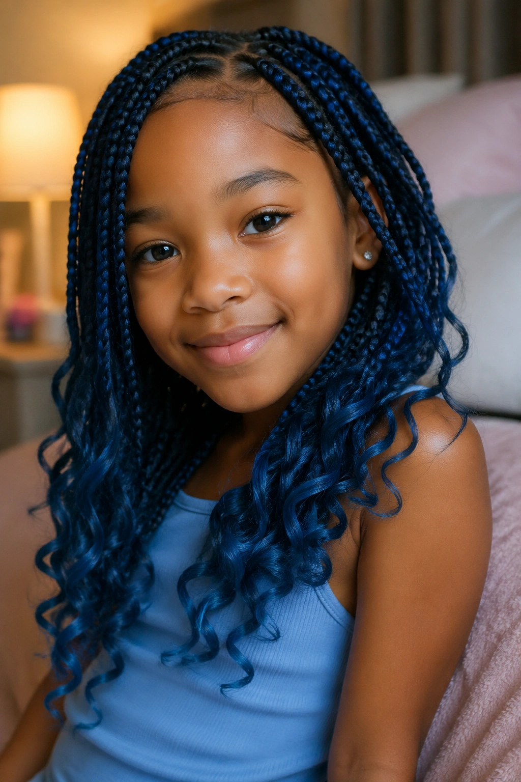Child with blue box braids ending in soft curls in warm bedroom lighting