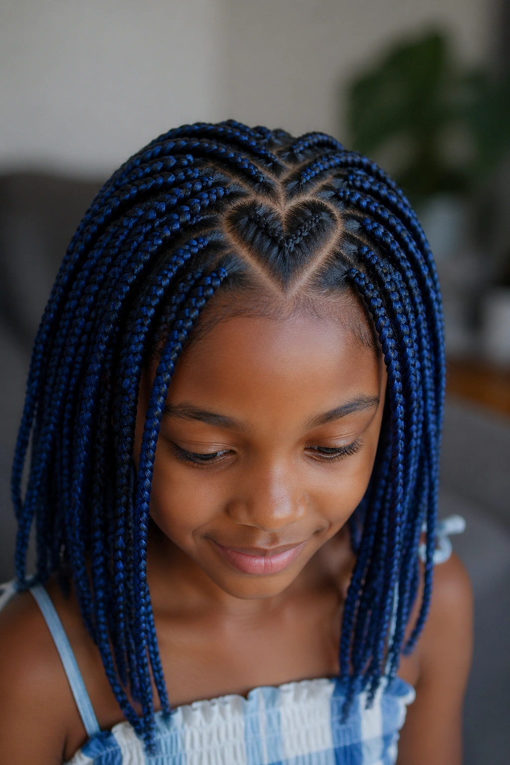 Close-up of a child with blue box braids and heart-shaped part