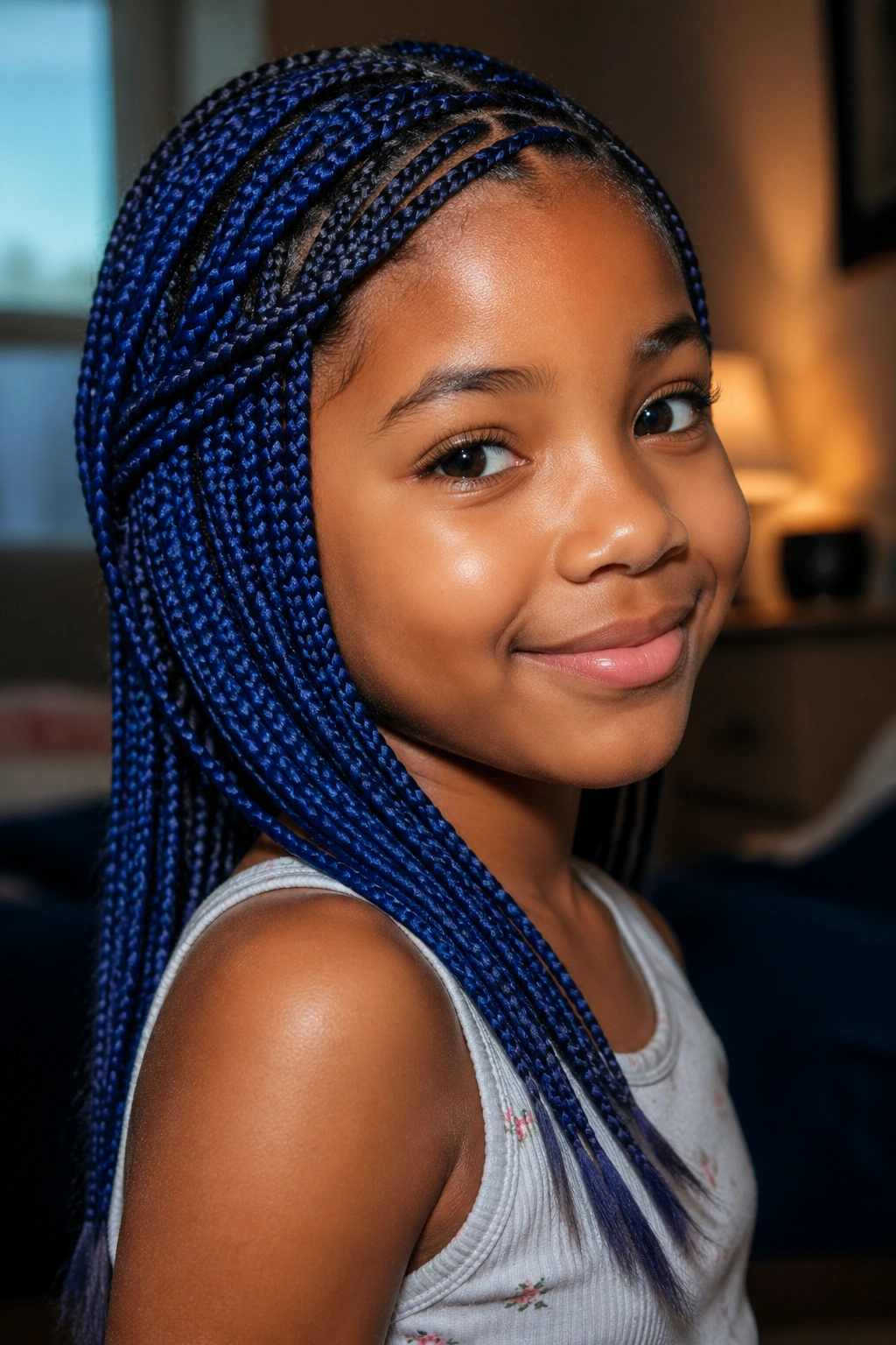Close-up of a child with tiny royal blue box braids in natural window light