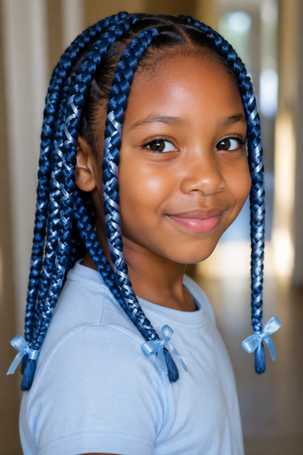 Close-up of a child with blue box braids and satin ribbon bows at the ends