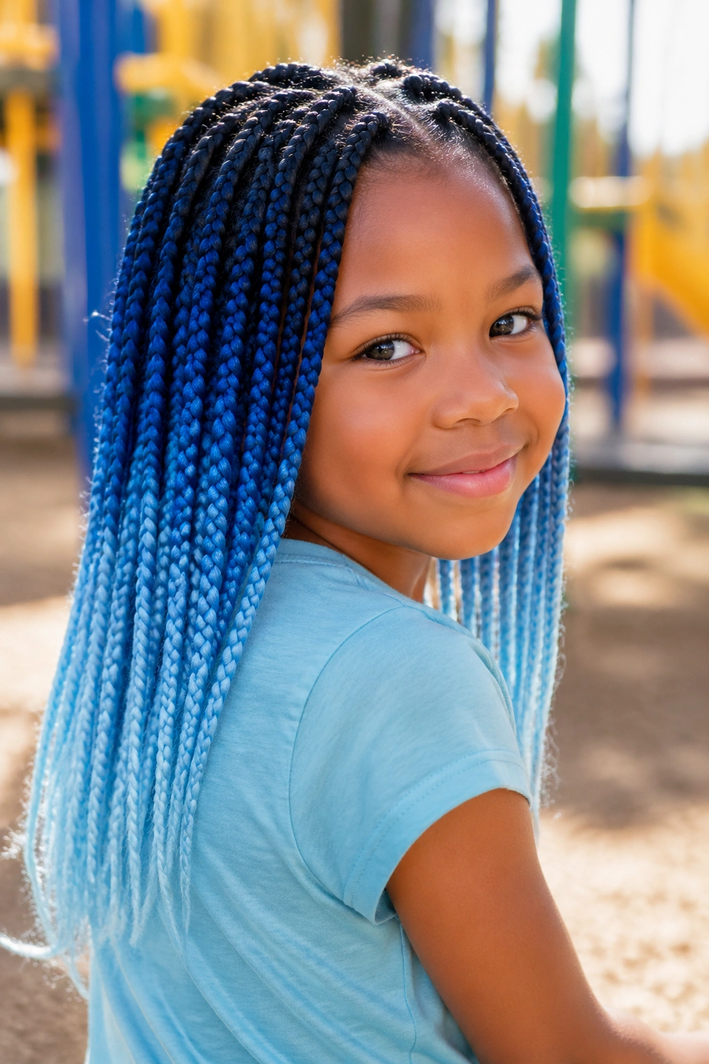 Child with blue ombre box braids showing soft fade from navy to light blue