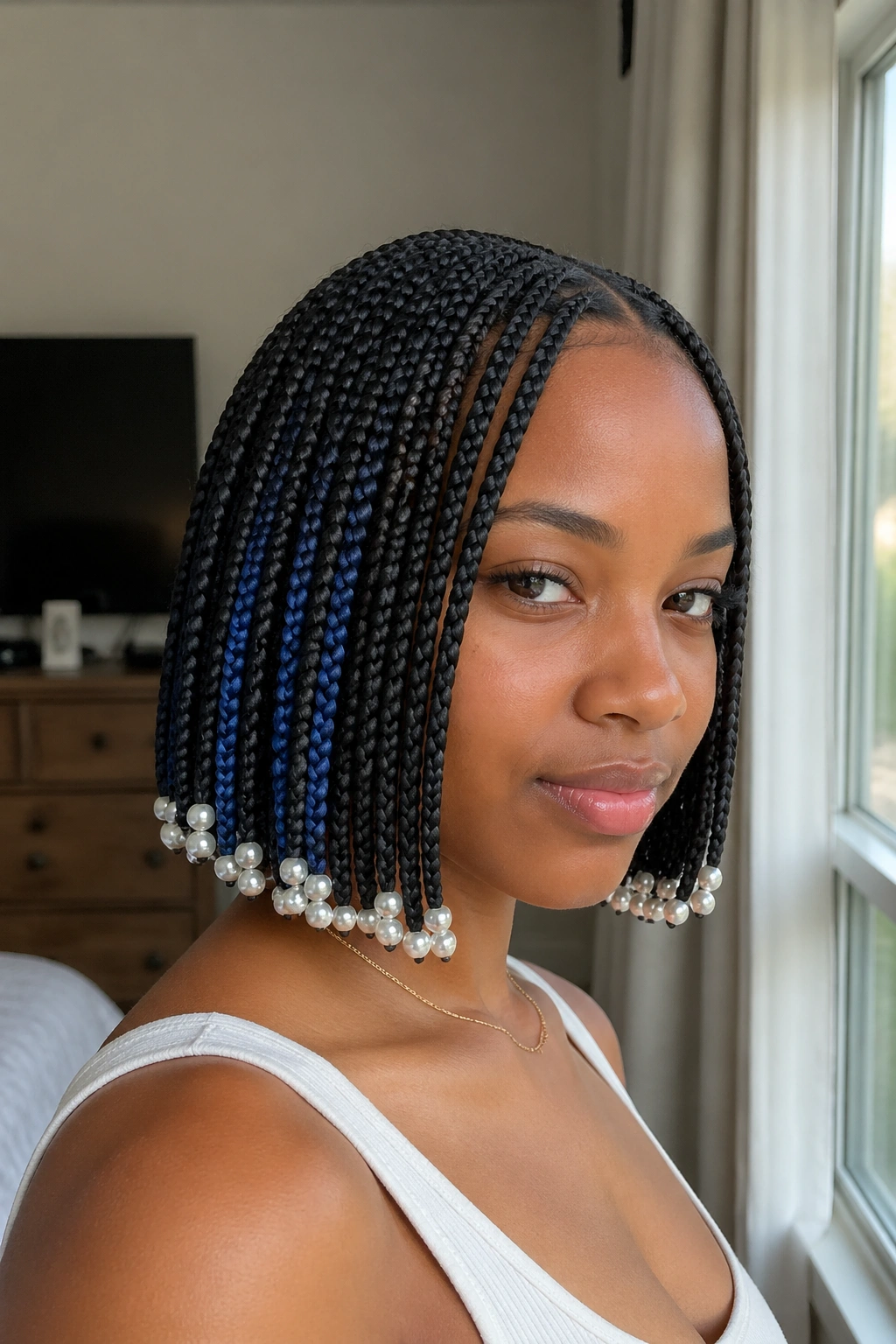 Close-up portrait of a real woman with center-part bob, blue peekaboo and pearly beads.