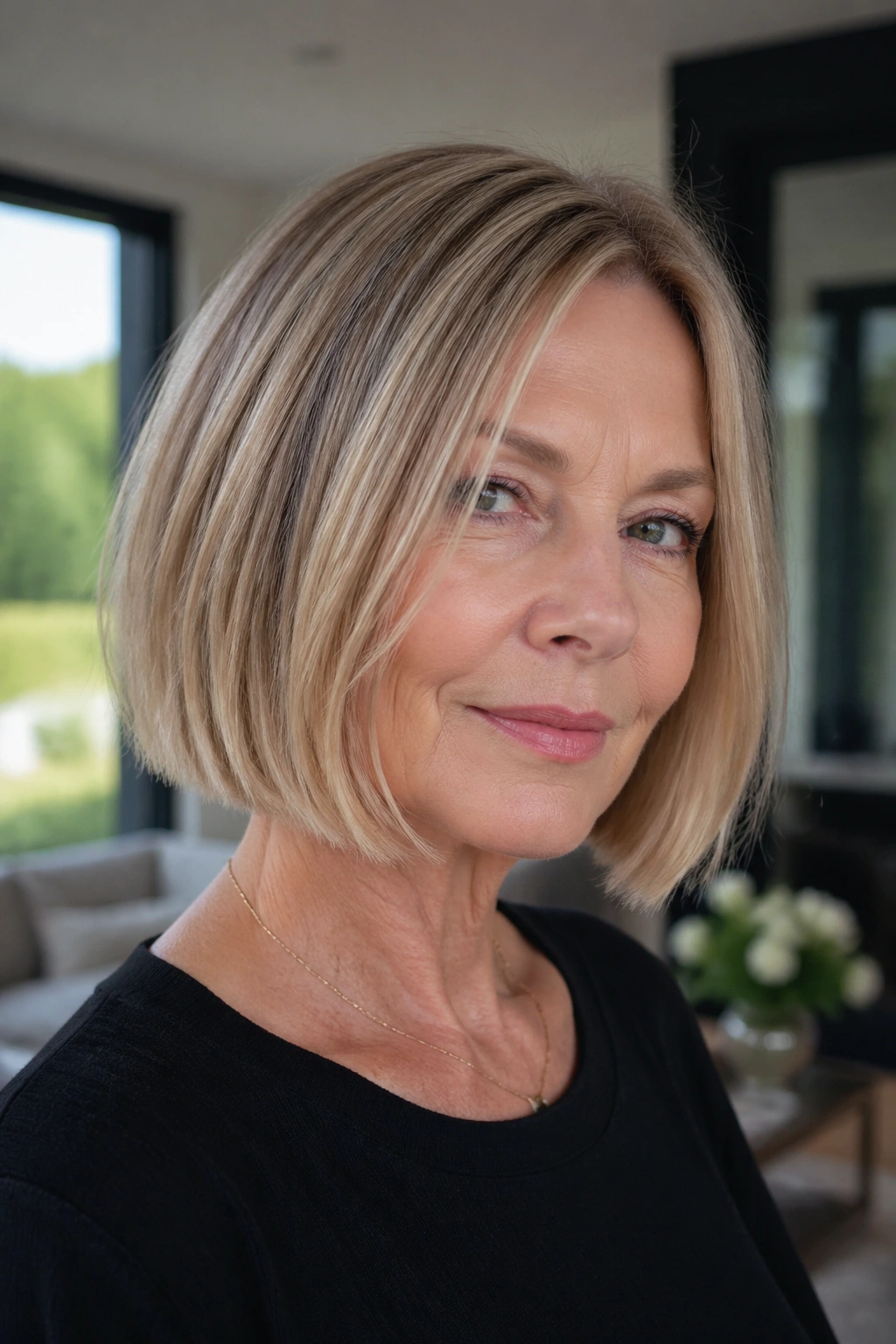 Real woman with blunt bob and airy ends in a bright room