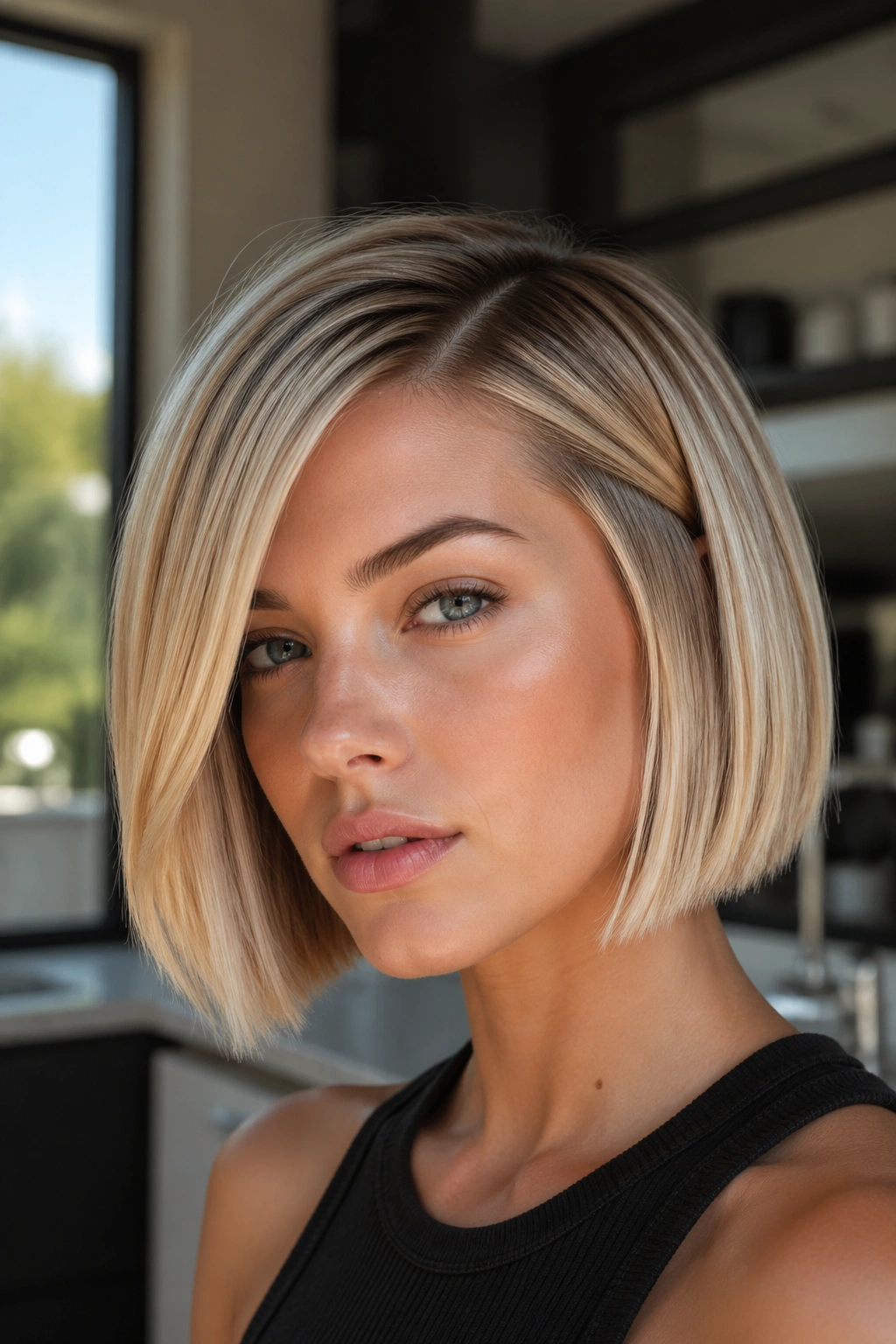 Real woman with chin-length blunt bob and deep side part in soft morning light