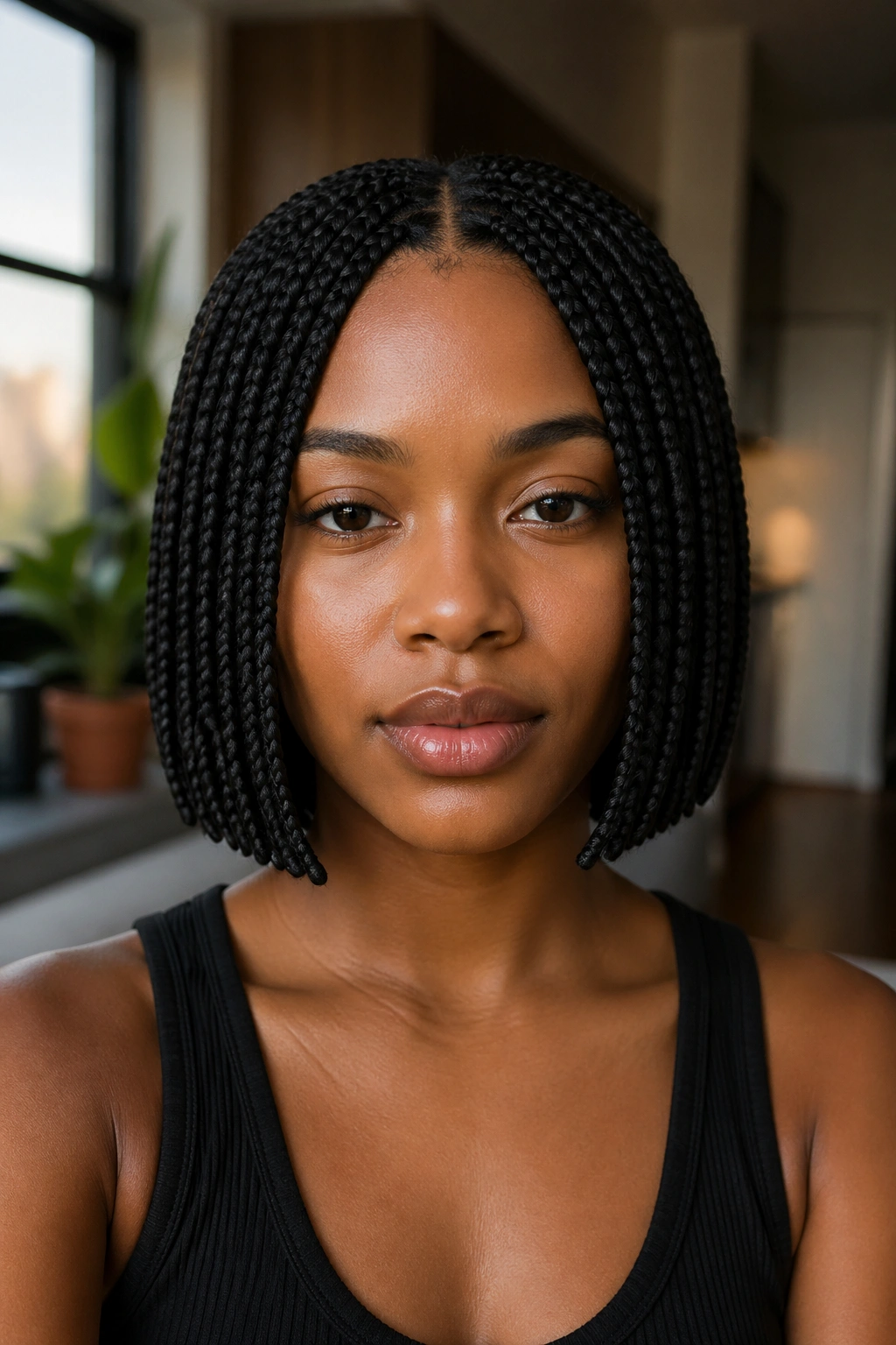 Real woman with blunt middle-part bob and even blunt ends on box braids