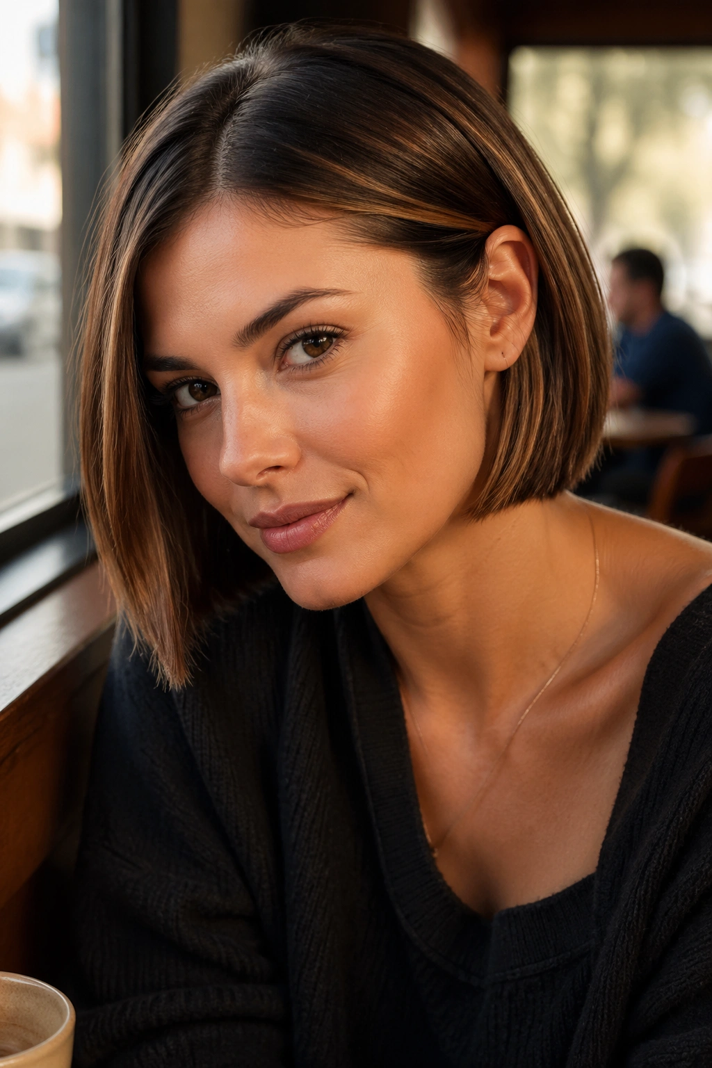 Real woman with blunt bob and caramel ribbons tucked behind the ear in cafe light