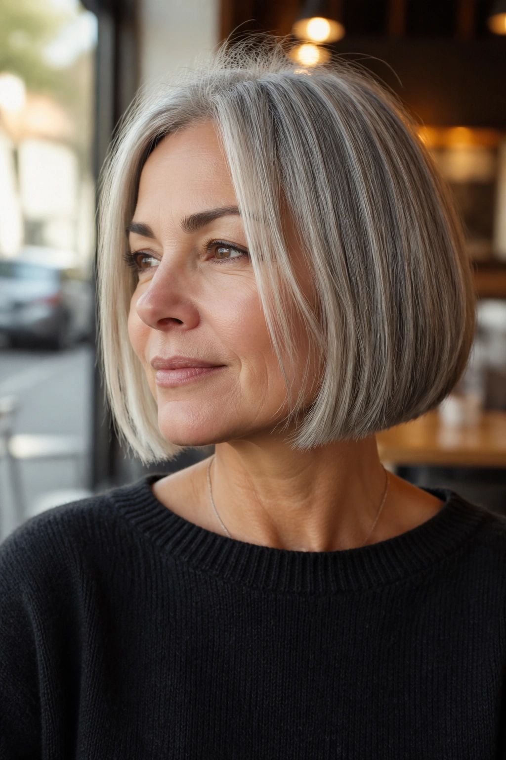Real woman with blunt bob and face-framing pieces in natural cafe light.