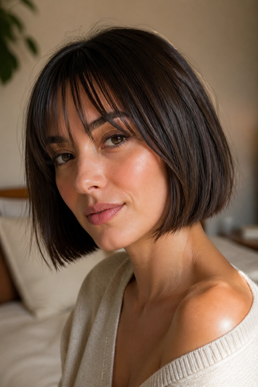 Close-up portrait of a woman with a blunt bob and feathery bangs in a sunlit bedroom.