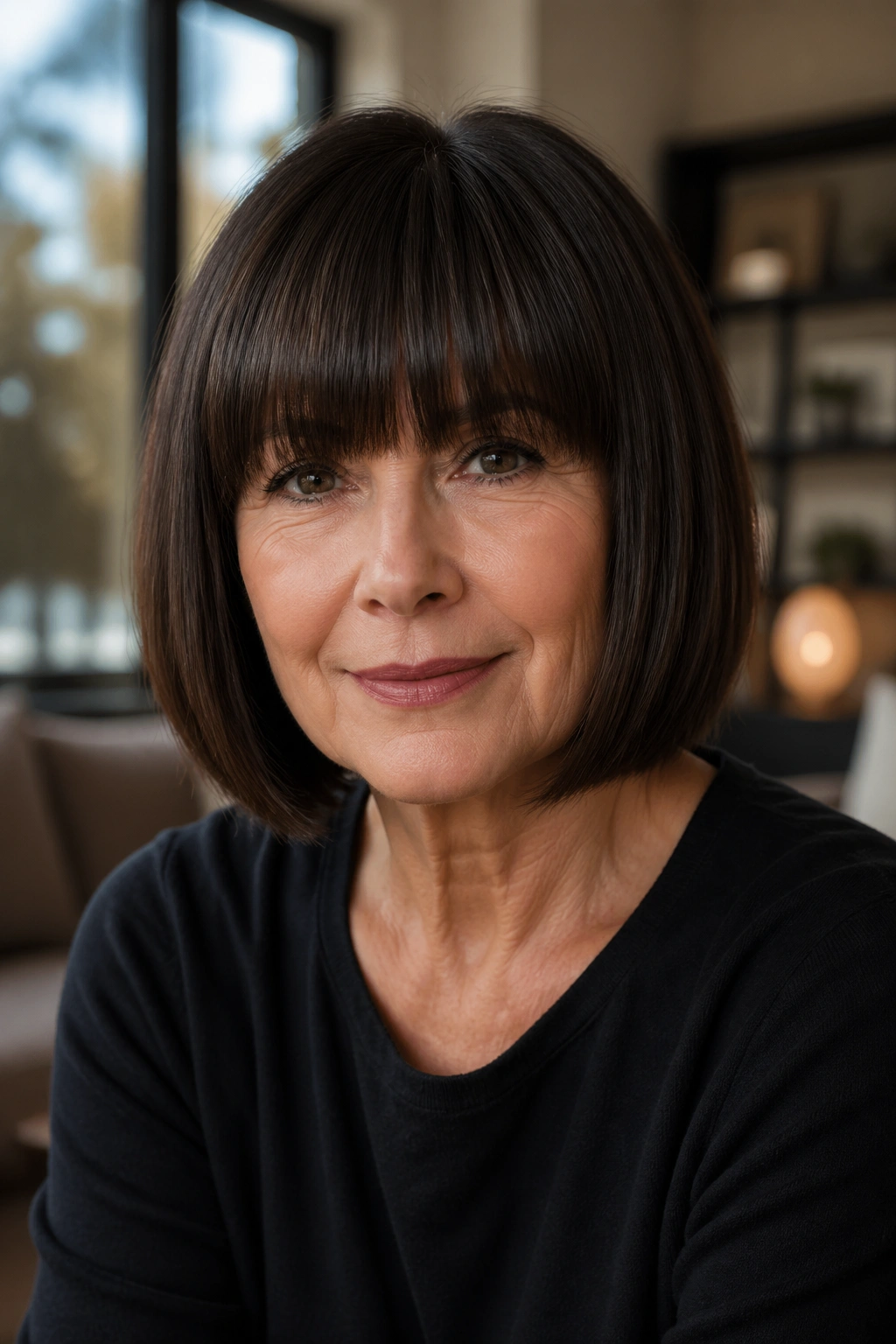 Close-up of a real woman with a blunt bob and full fringe in natural window light