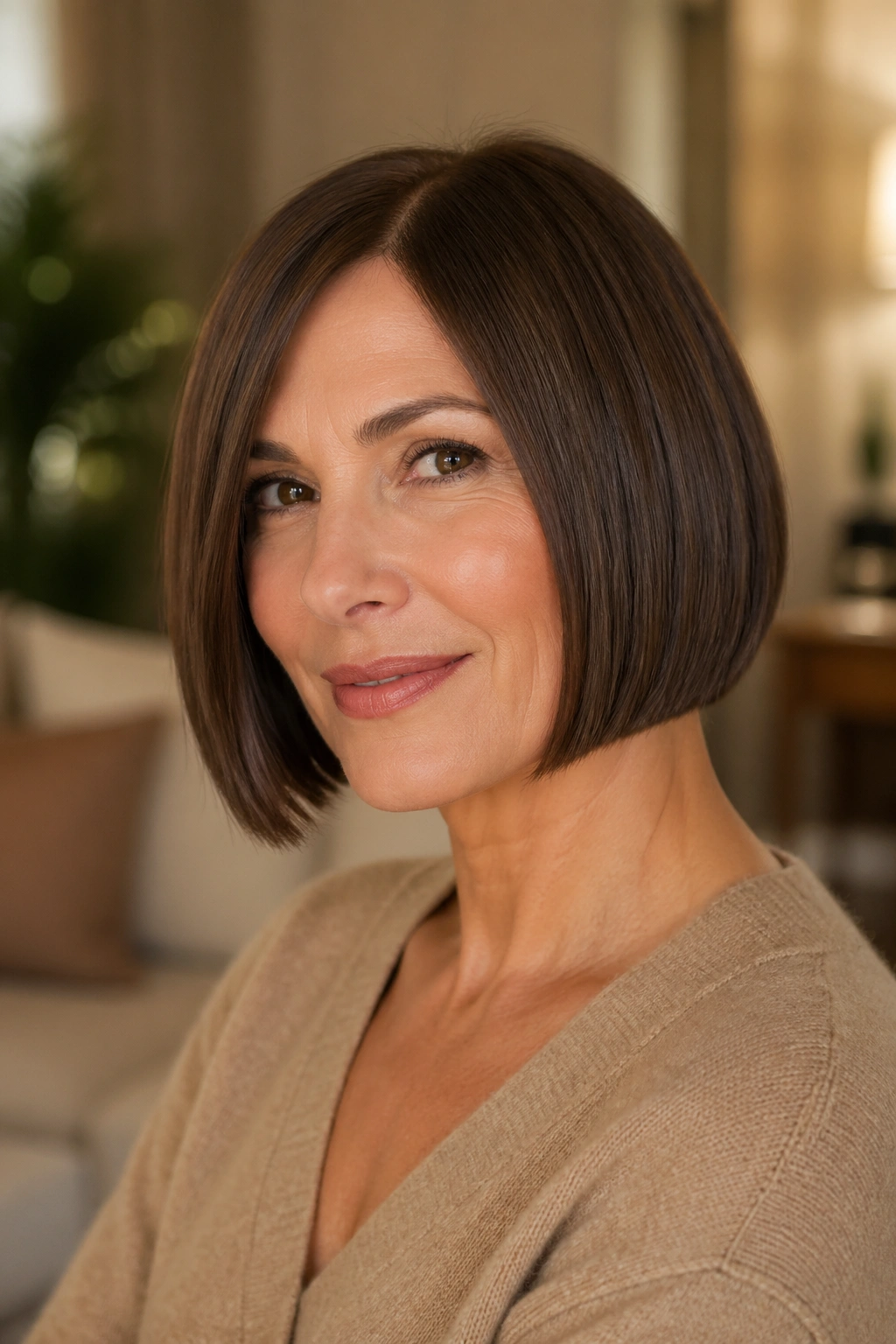 Portrait of a real woman with a blunt bob that sits just below the jawline.
