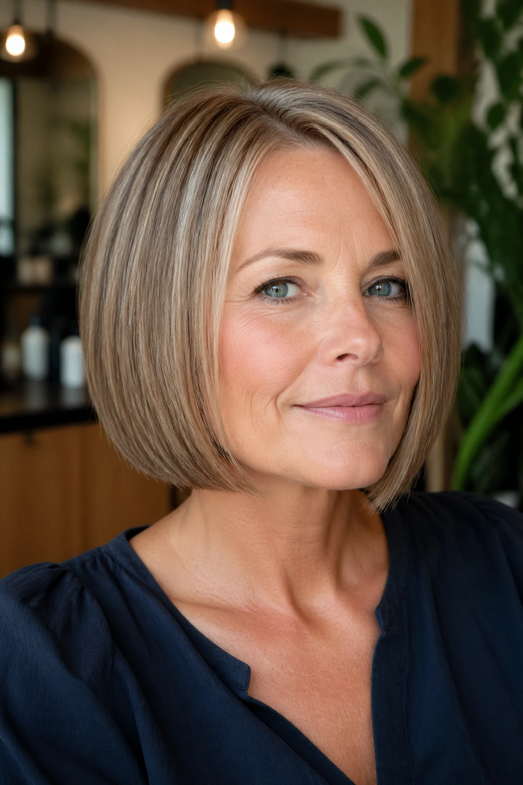 Close-up of a real woman with a blunt bob and subtle internal shaping in a modern salon.