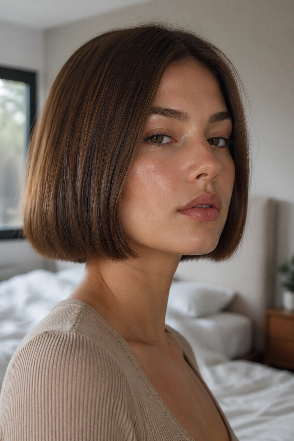 Close-up of a real woman with a blunt chin-length bob and crisp jawline