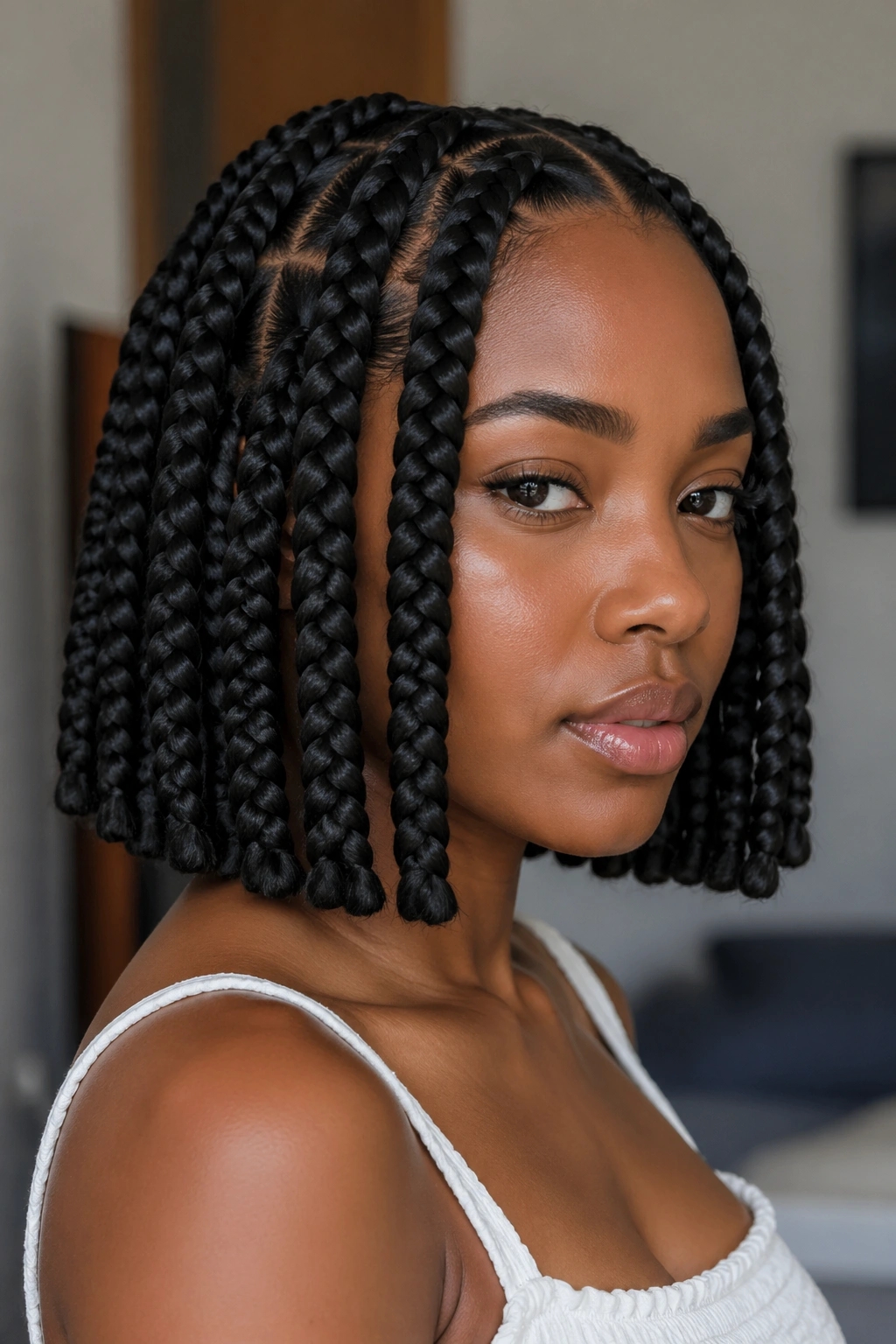 Close-up of a real woman with blunt bob jumbo knotless braids
