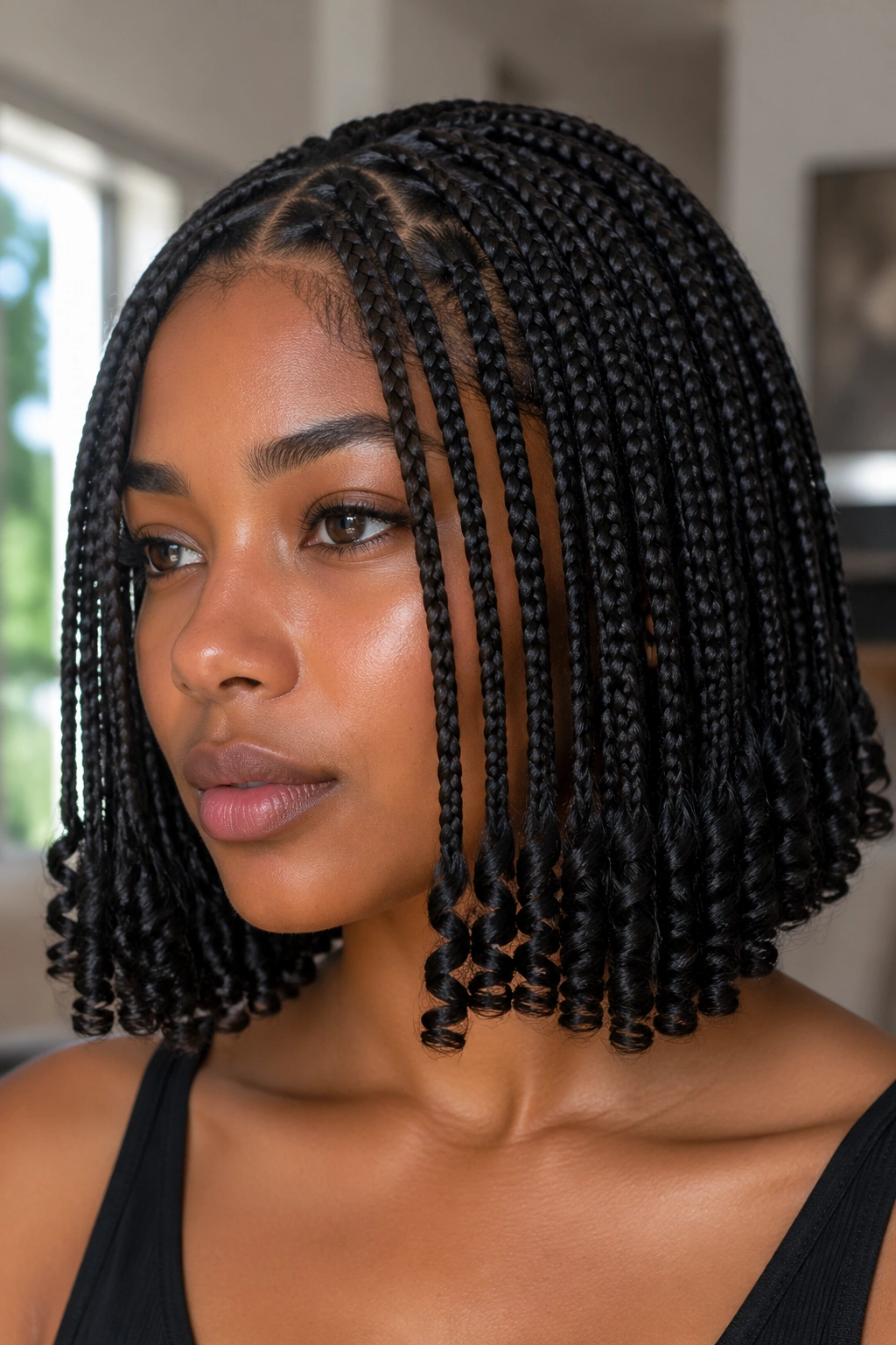 Close-up of a real woman with blunt bob knotless braids and curly tips