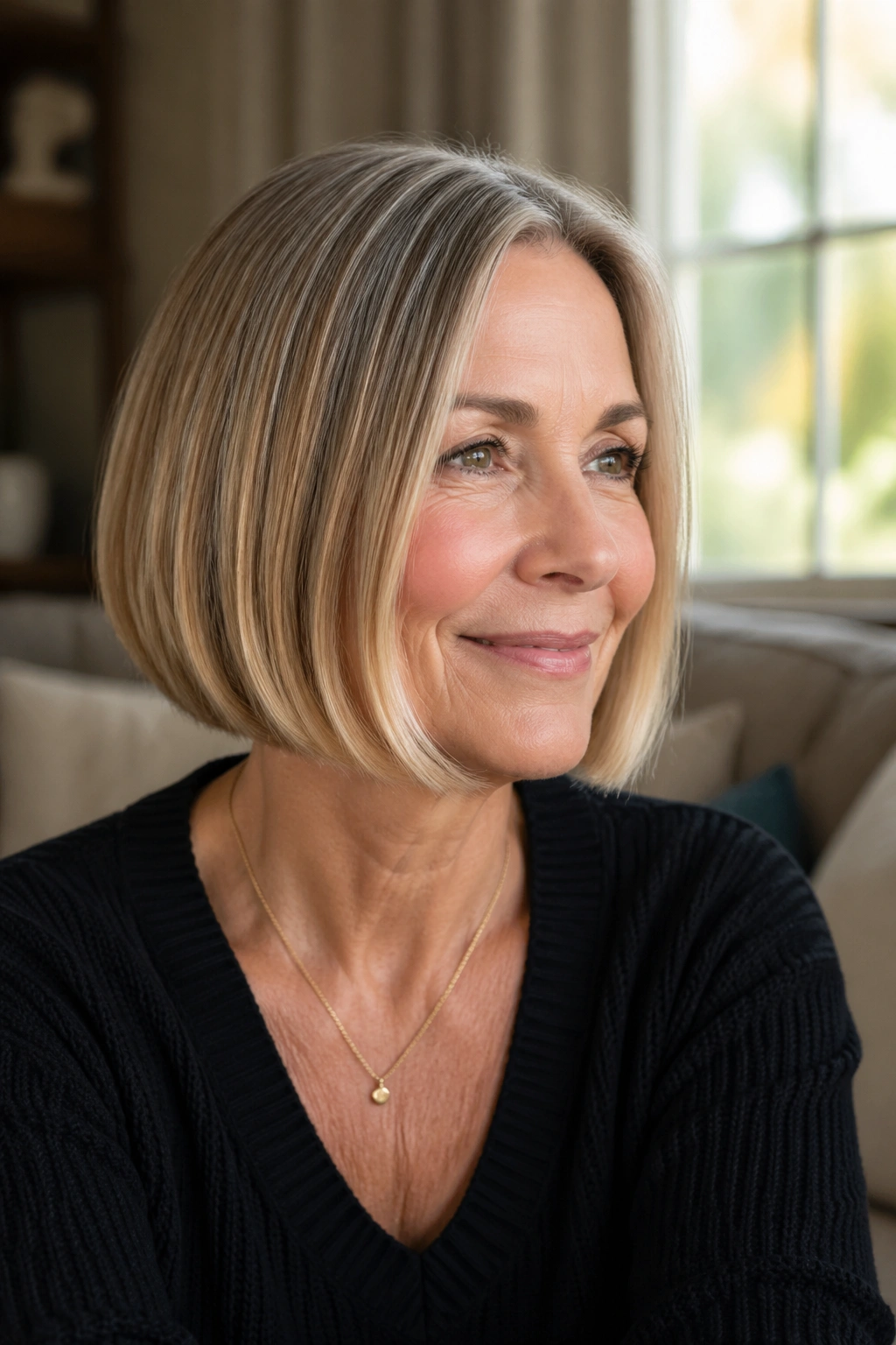 Real woman with chin-length blunt bob in natural window light; easy-care short hairstyle.