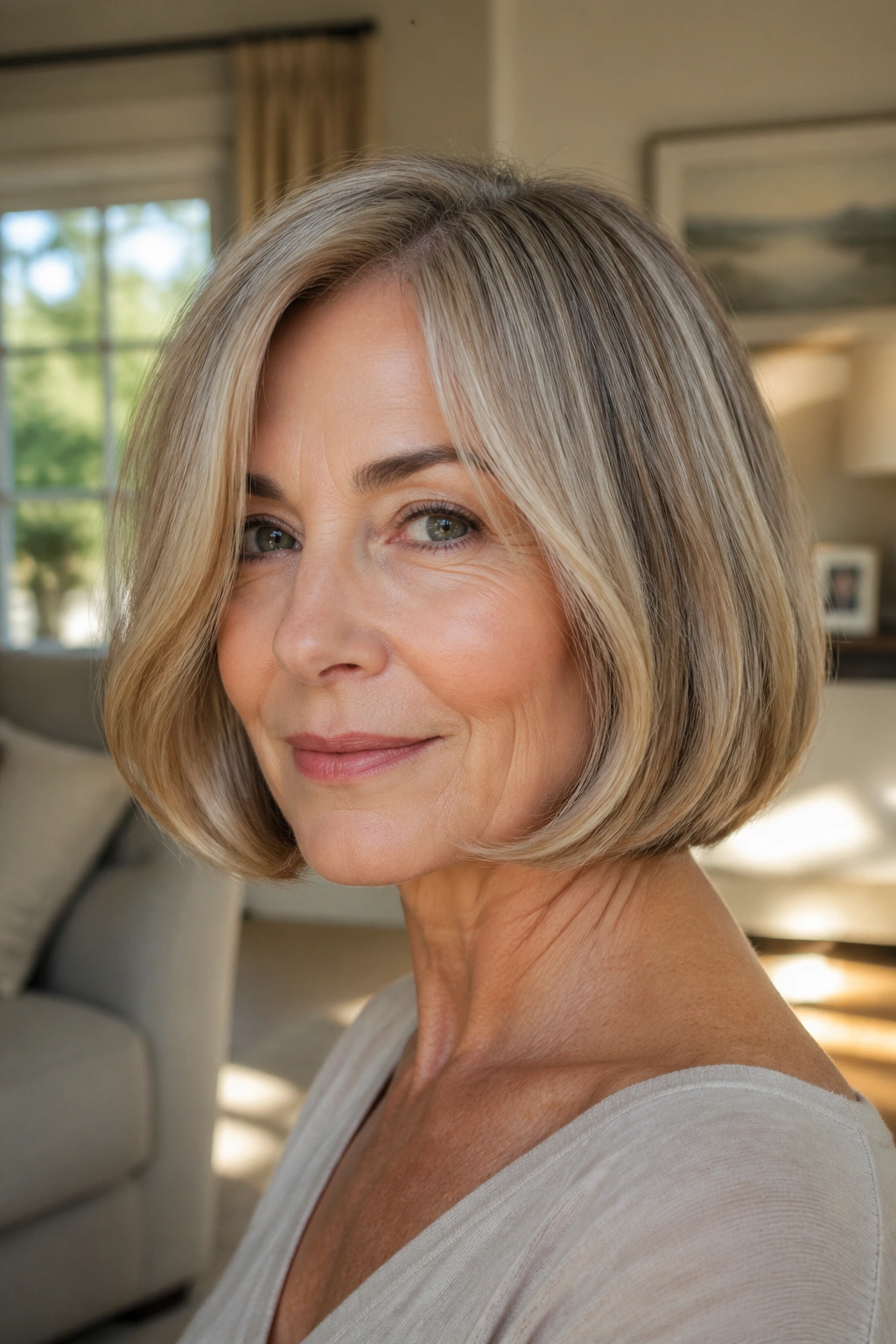 Real woman with blunt bob and soft bend in warm natural light