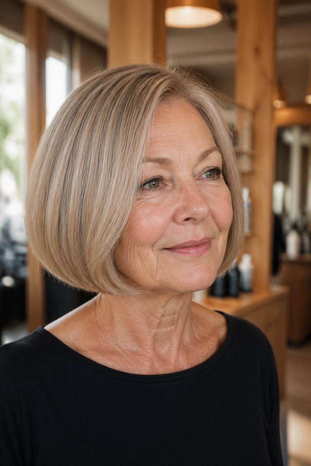 Close-up of a real woman with a jaw-length blunt bob featuring a soft curve
