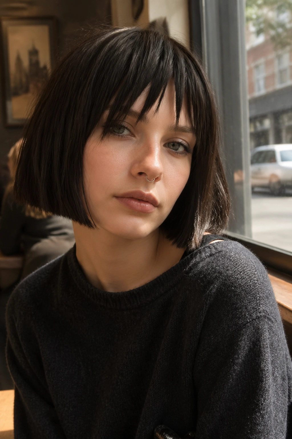 Close-up of real person with blunt bob and torn fringe in cafe window light