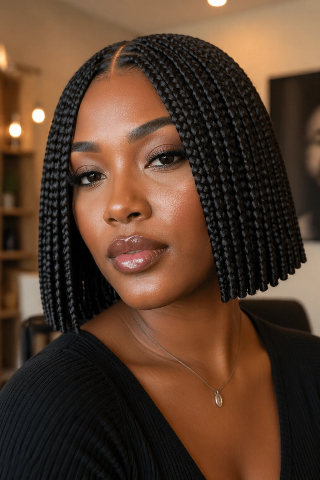 Real person with blunt braided bob and sharp middle part