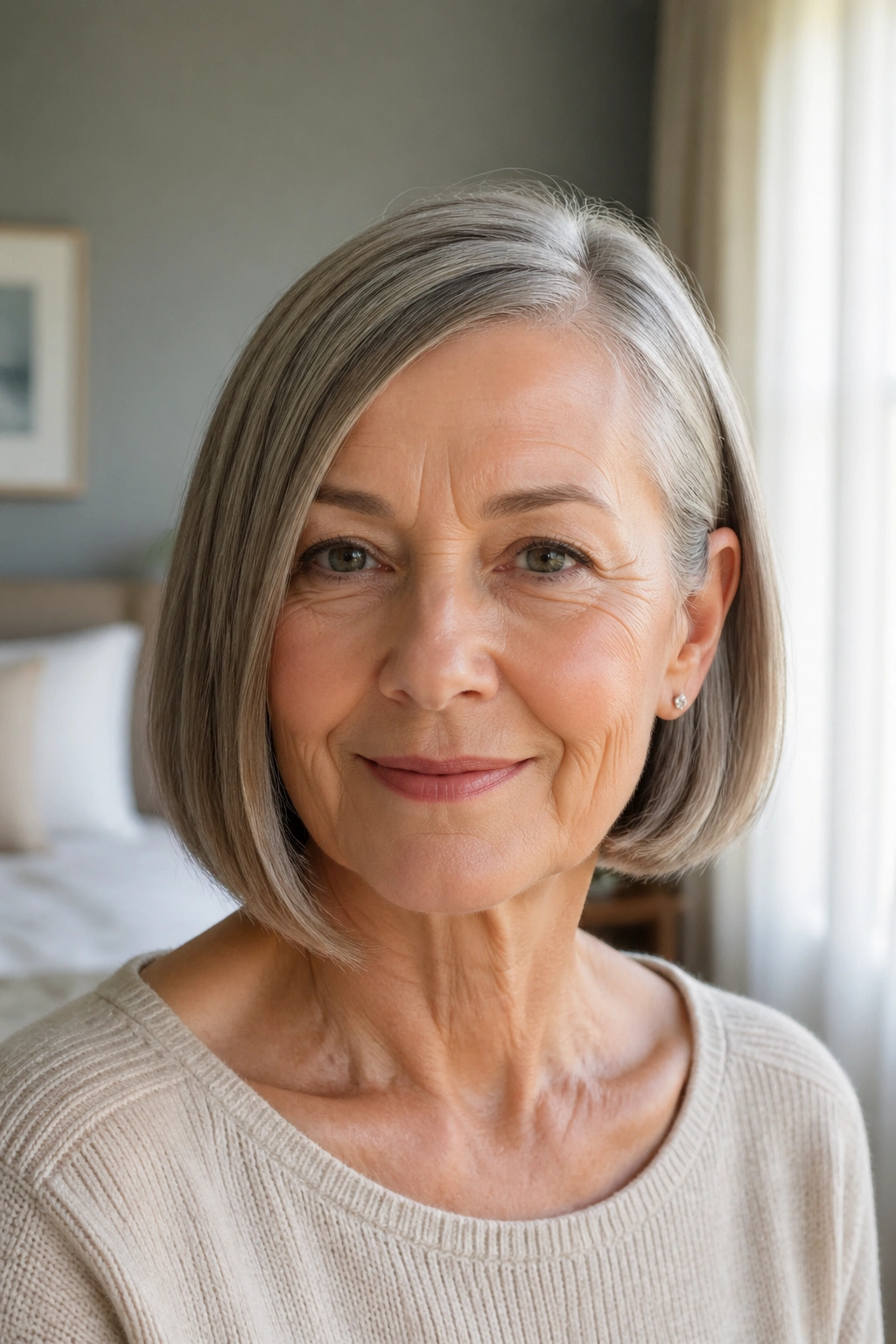 Senior woman with blunt chin-length bob tucked behind ear portrait