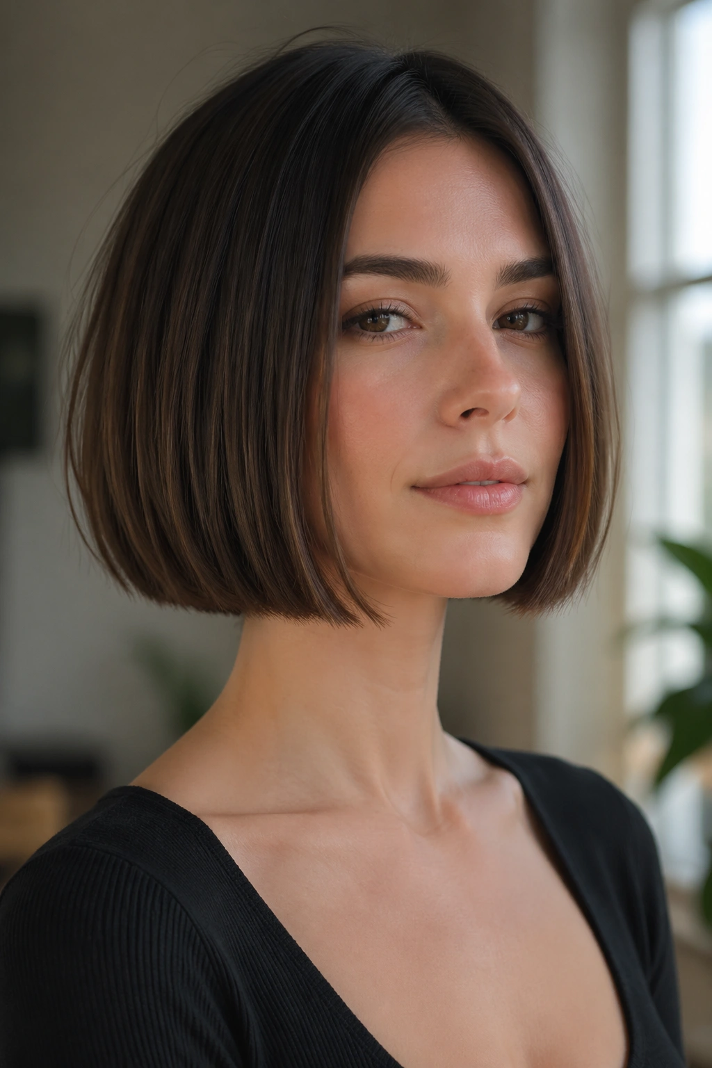 Close-up of real woman with blunt chin-length bob showing crisp edge