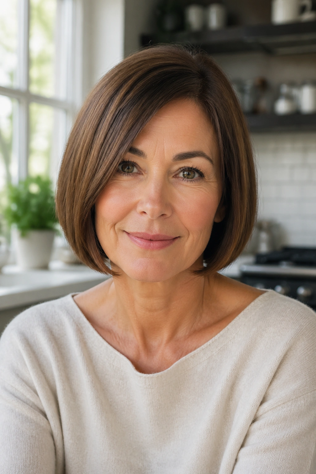 Close-up of a real woman with blunt chin-length bob in bright kitchen light