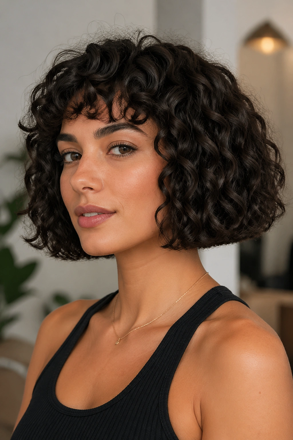 Real woman with blunt curly bob and crisp edge in soft indoor light