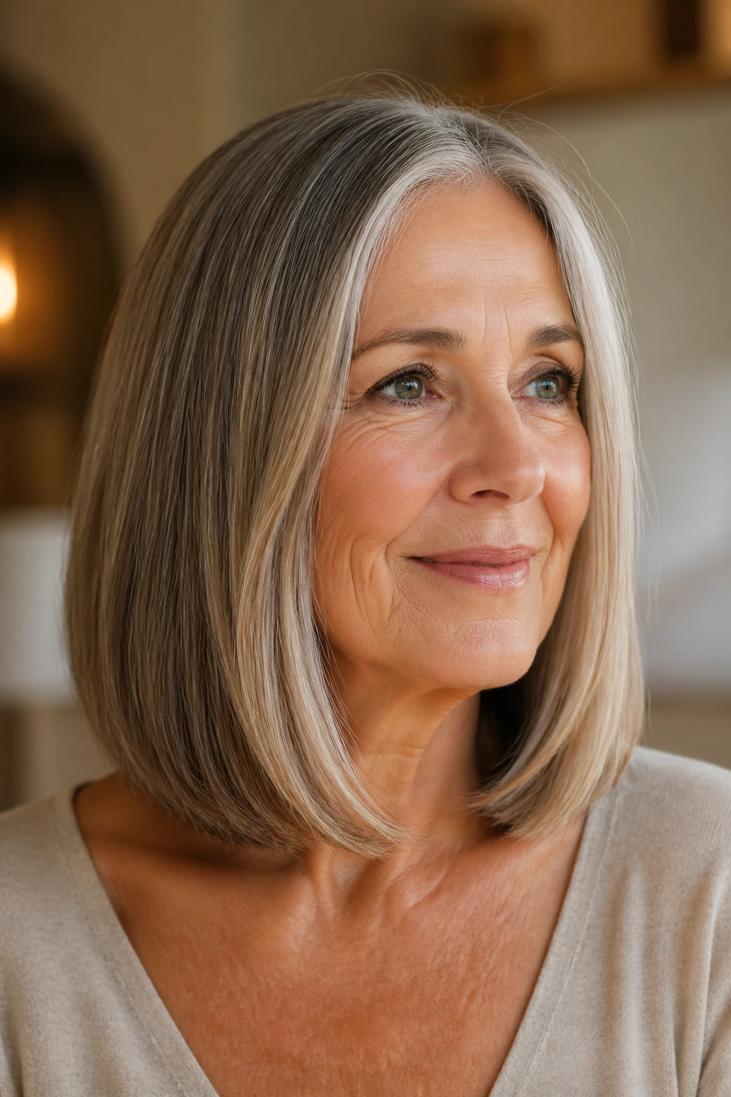 Portrait of a woman with a blunt mid-length cut and beveled ends