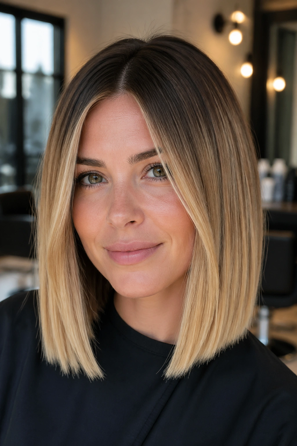 Real woman with blunt cut and root melt, chin-length to shoulders